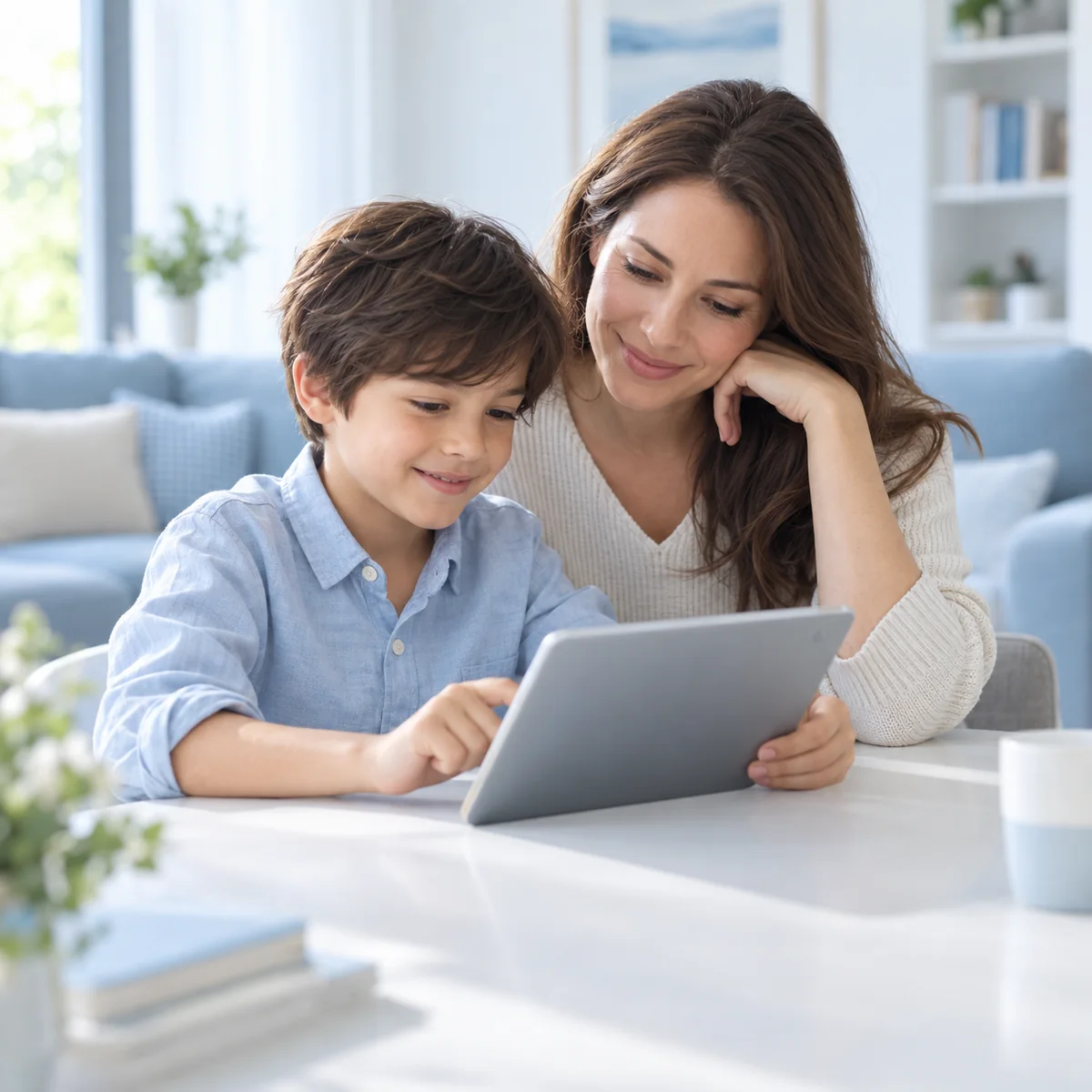 Illustrative scene of a parent accompanying a child using a tablet at home.